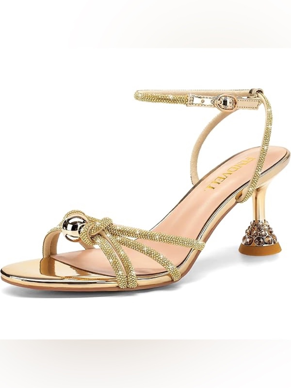 FINDVELL Women's Kitten Heels Rhinestone Pearl Low Heel Sandals Strappy